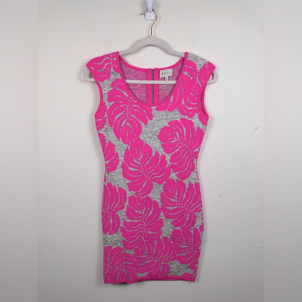 Milly Palm Print Bodycon Dress Women Size S Pink Grey Mini Excellent Tropical